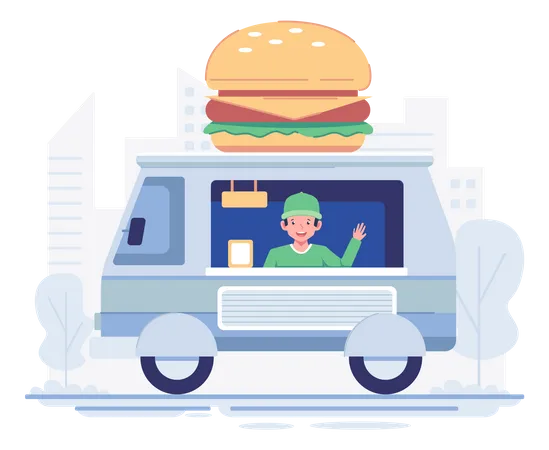 Man selling burgers from food truck  Illustration