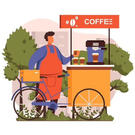 Man selling coffee on cycle  Illustration