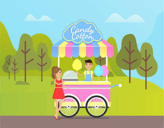 Man selling cotton candy in park  Illustration