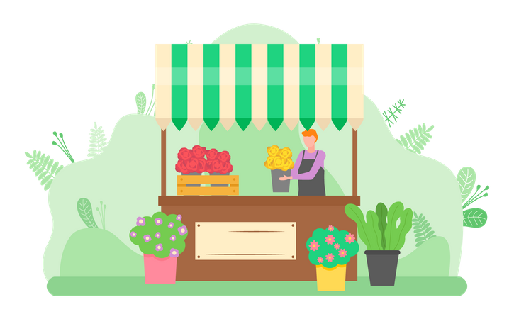 Man selling flower bouquet on stall  Illustration
