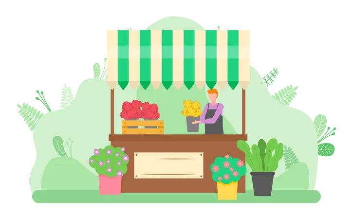 Man selling flower bouquet on stall Illustration
