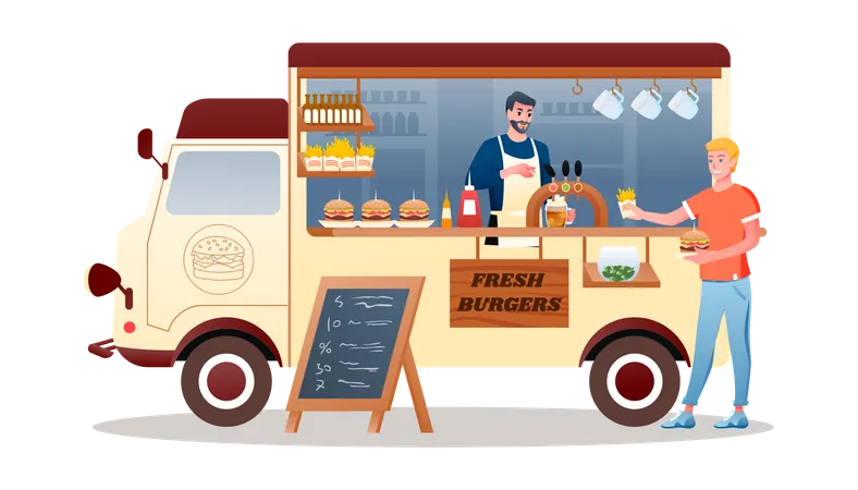 Man selling fresh burgers from street truck  Illustration