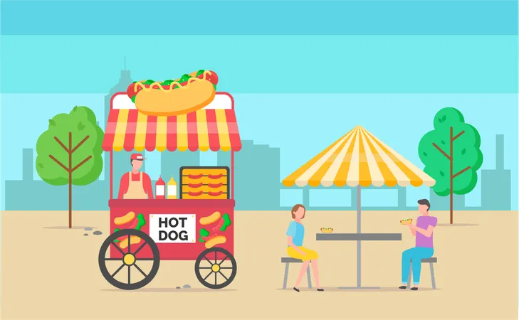 People Eating By Hot Dog Seller Kiosk Vector Cityscape In Background Male And Woman Enjoying Meal Trailer With Snacks And Food Summer Market Trees Illustration
