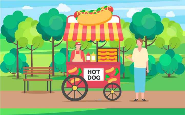 Park Summer Market Vector Man Selling Hot Dogs In Kiosk With Sauces In Bottles And Food Ingredients For Making Dishes Forests And Nature Greenery Illustration
