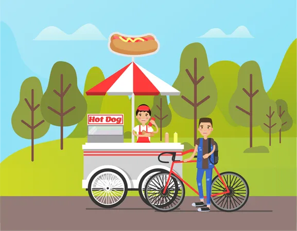 Man selling hot dog in park  イラスト