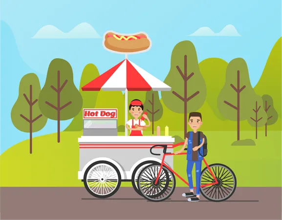 Man selling hot dog in park  Illustration