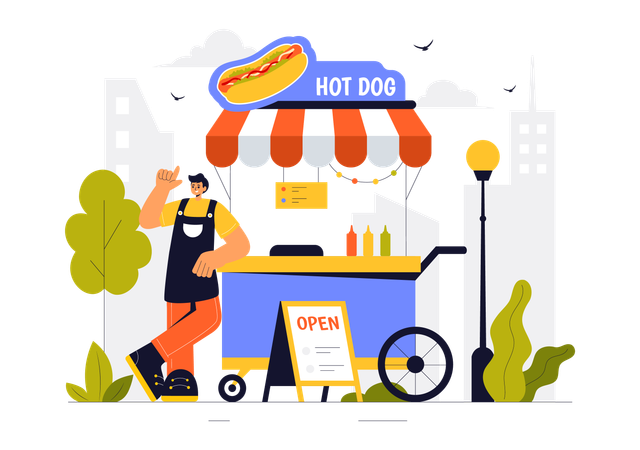 Man selling hot dog on street  Illustration