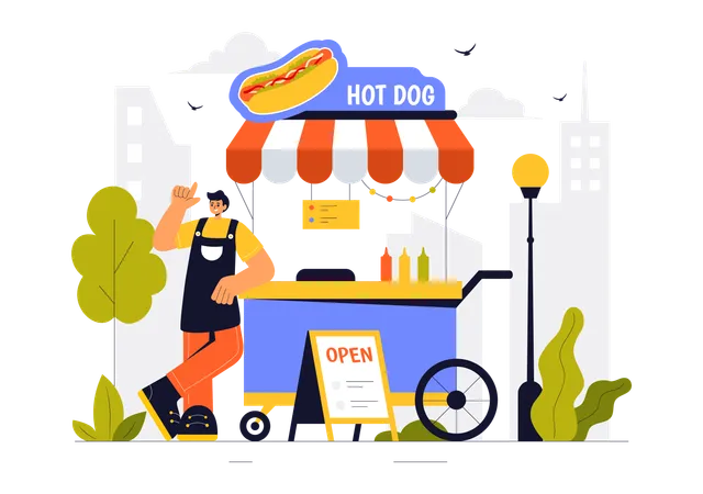 Man selling hot dog on street  Illustration