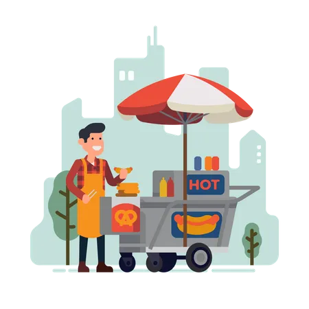Man selling hot dogs in park Illustration