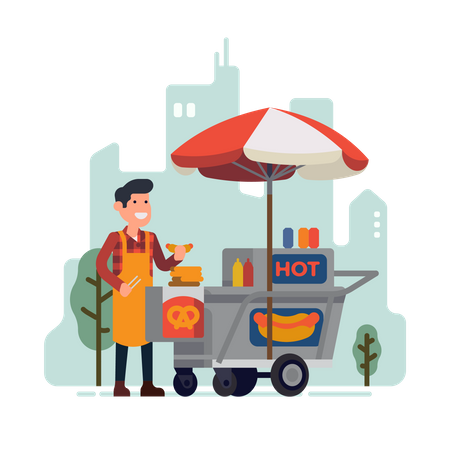 Man selling hot dogs in park  Illustration