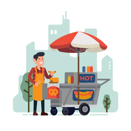 Man selling hot dogs in park  Illustration