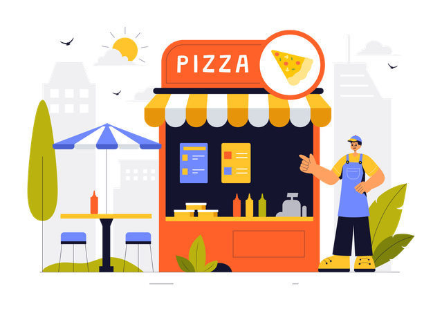 Man selling pizza on street  Illustration