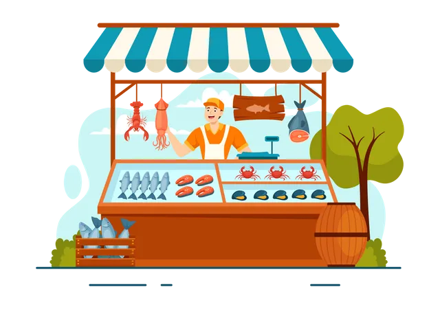 Seafood Market Stall Vector Illustration With Fresh Fish Products Such As Octopus Clams Shrimp And Lobster In Flat Cartoon Background Design Illustration