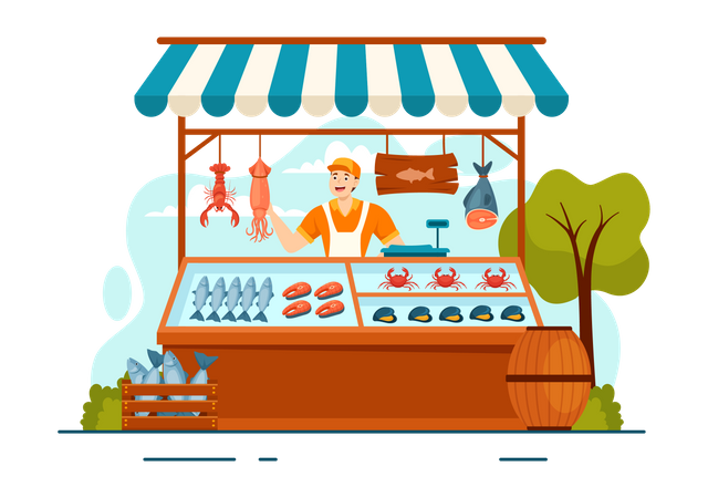 Man selling Seafood in Market  Illustration