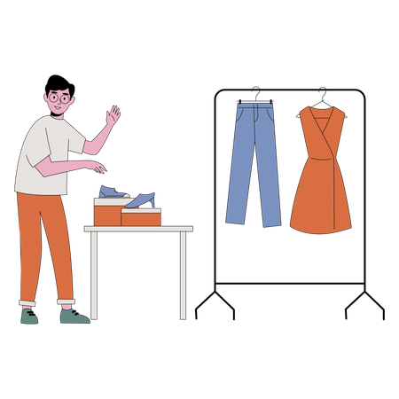 Man selling shoes and clothes in flea market  Illustration