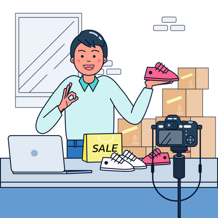 Man selling shoes online on sale Illustration