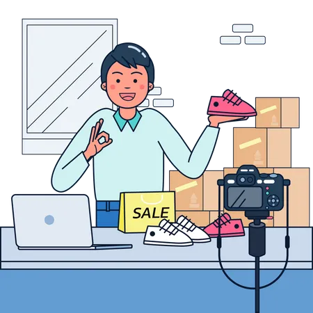 Man selling shoes online on sale Illustration