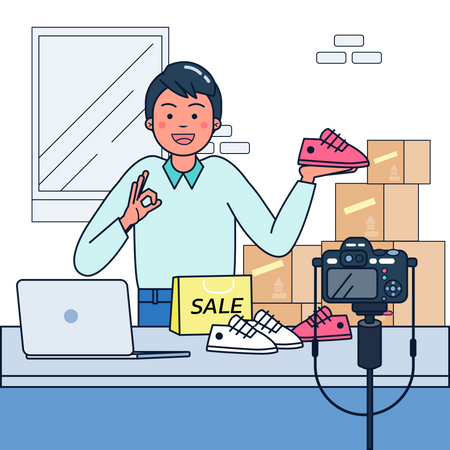 Man selling shoes online on sale  Illustration
