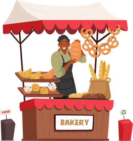 Friendly Salesman Baker Character In Apron Stands Behind A Market Stall Offering A Freshly Baked Loaf Of Bread Its Aroma Inviting Passersby To Savor The Taste Cartoon People Vector Illustration Illustration