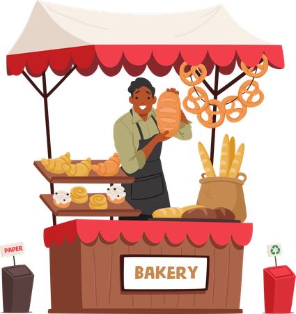 Man sells bakery items at street stall  Illustration