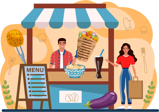 Man sells Falafel at market stall  Illustration