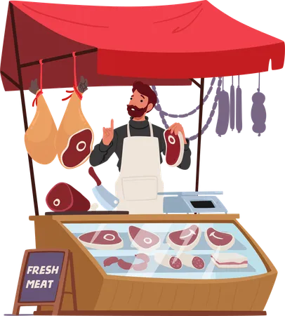 Farmer Character Proudly Presents A Succulent Piece Of Fresh Meat At His Stall Its Rich Marbling And Vibrant Color Enticing Customers With Promise Of Savory Indulgence Cartoon Vector Illustration Illustration