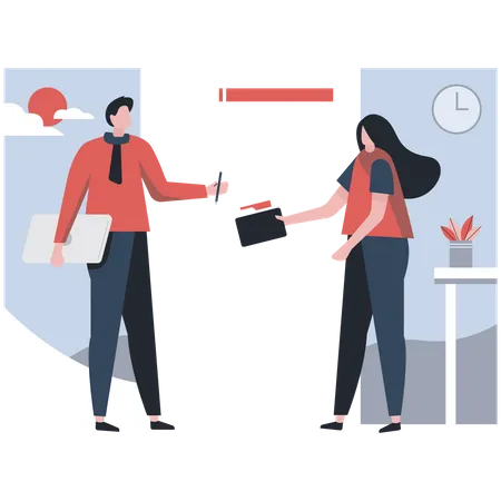 Business People Doing Office Activity Girl Is Sending File Her Colleague Man Taking File Having Laptop In His Hand Vector Illustration In Cartoon Style Illustration