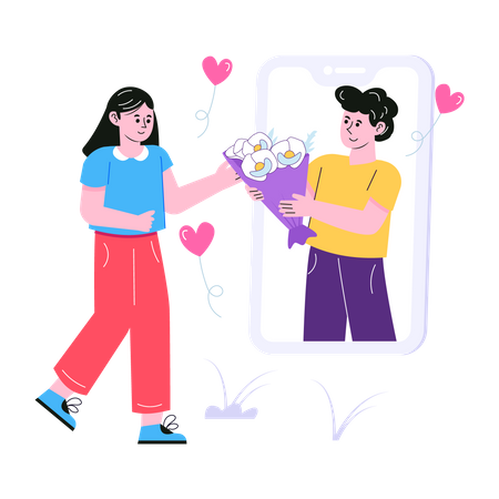 Man sending flower bouquet to girl online Illustration