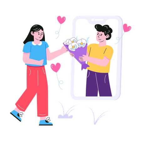 Man sending flower bouquet to girl online  Illustration