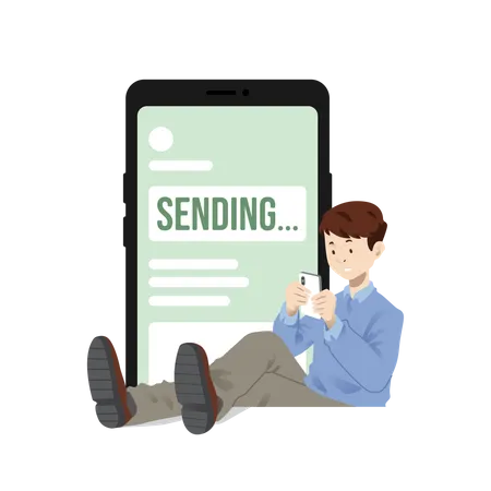 Man sending message using mobile phone  Illustration