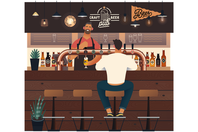 Man servicing beer to customer in pub Illustration