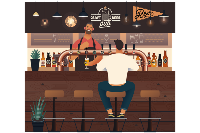 Man servicing beer to customer in pub  Illustration