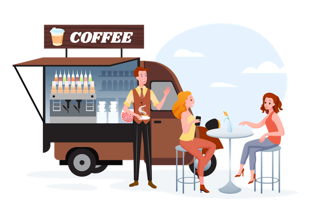Man serving coffee from truck  Illustration