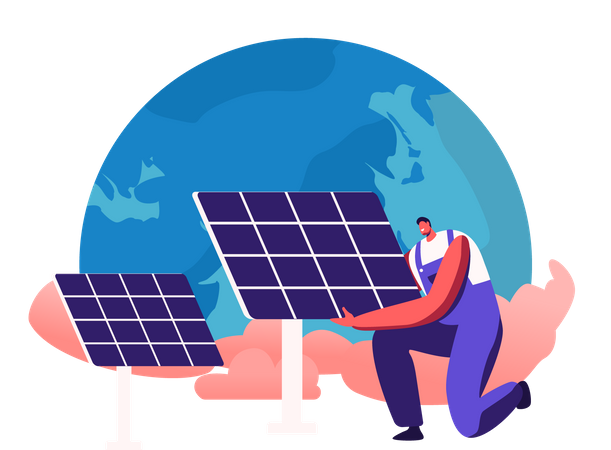 Man Set Up Solar Panel against Earth Globe Illustration