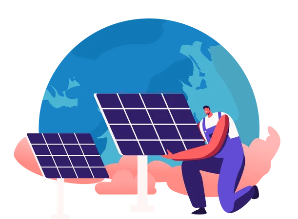 Man Set Up Solar Panel against Earth Globe  Illustration