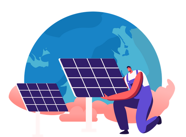 Man Set Up Solar Panel against Earth Globe  Illustration