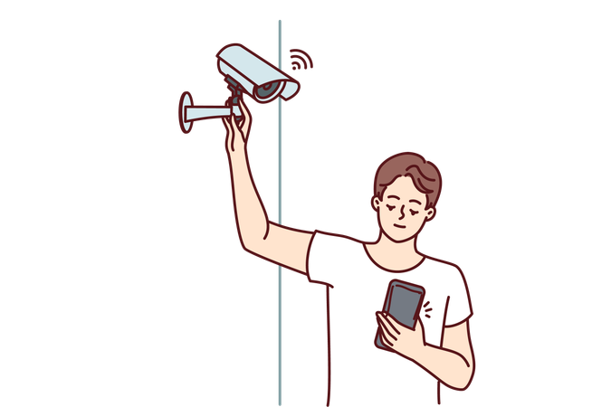 Man sets up WIFI camera  Illustration