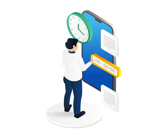 Man Setting Clock On Smartphone  Illustration