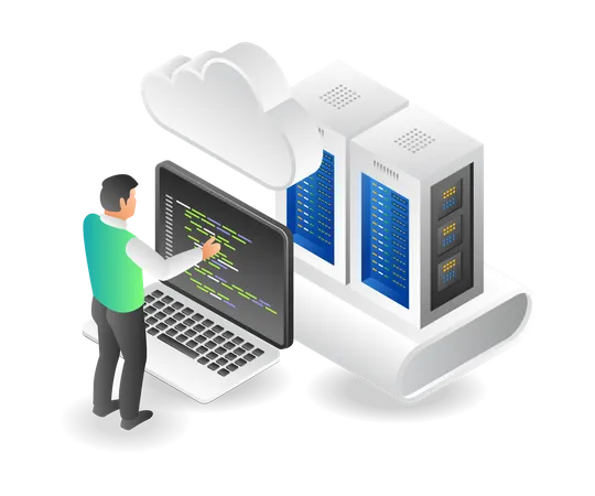 Man setting cloud server program  Illustration