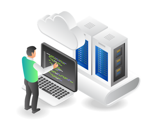 Man setting cloud server program  Illustration