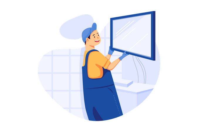 Man setting up dressing mirror Illustration