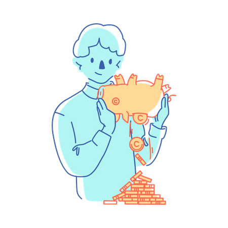 Man shaking coins out of piggy bank  Illustration