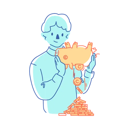 Man shaking coins out of piggy bank  Illustration