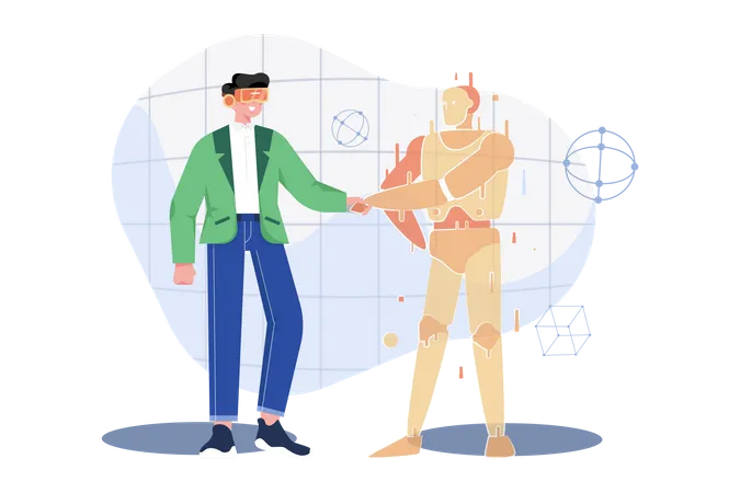 Man Wearing Virtual Glasses Is Shaking A Hand With A Hologram Graphic In A Cyberspace Area イラスト