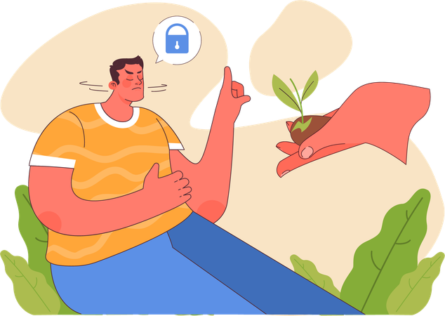 Man shaking head and refusing to accept growing seed in hand  Illustration
