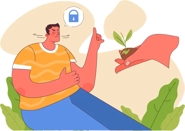 Man shaking head and refusing to accept growing seed in hand  Illustration