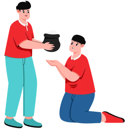 Man Shares Food Donations to Boy on Street  Illustration