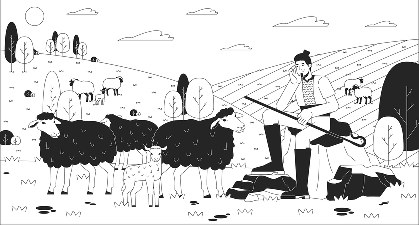 Man shepherd with herd on pasture  Illustration