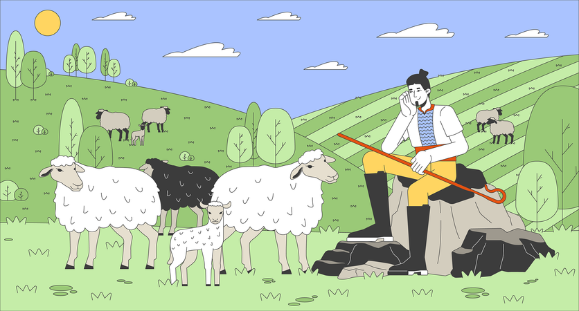 Man shepherd with herd on pasture  Illustration