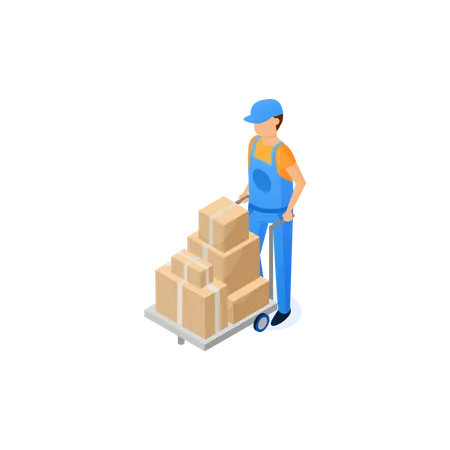 Man shifting parcel boxes through trolley  Illustration